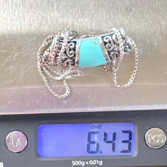 VTG Sterling Silver 925 Turquoise Scroll Slide Pendant Necklace Size 18" Length - Picture 13 of 13